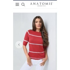 $248 ANATOMIE Campbell Sheer Stripe Pullover Top in Atomic Red